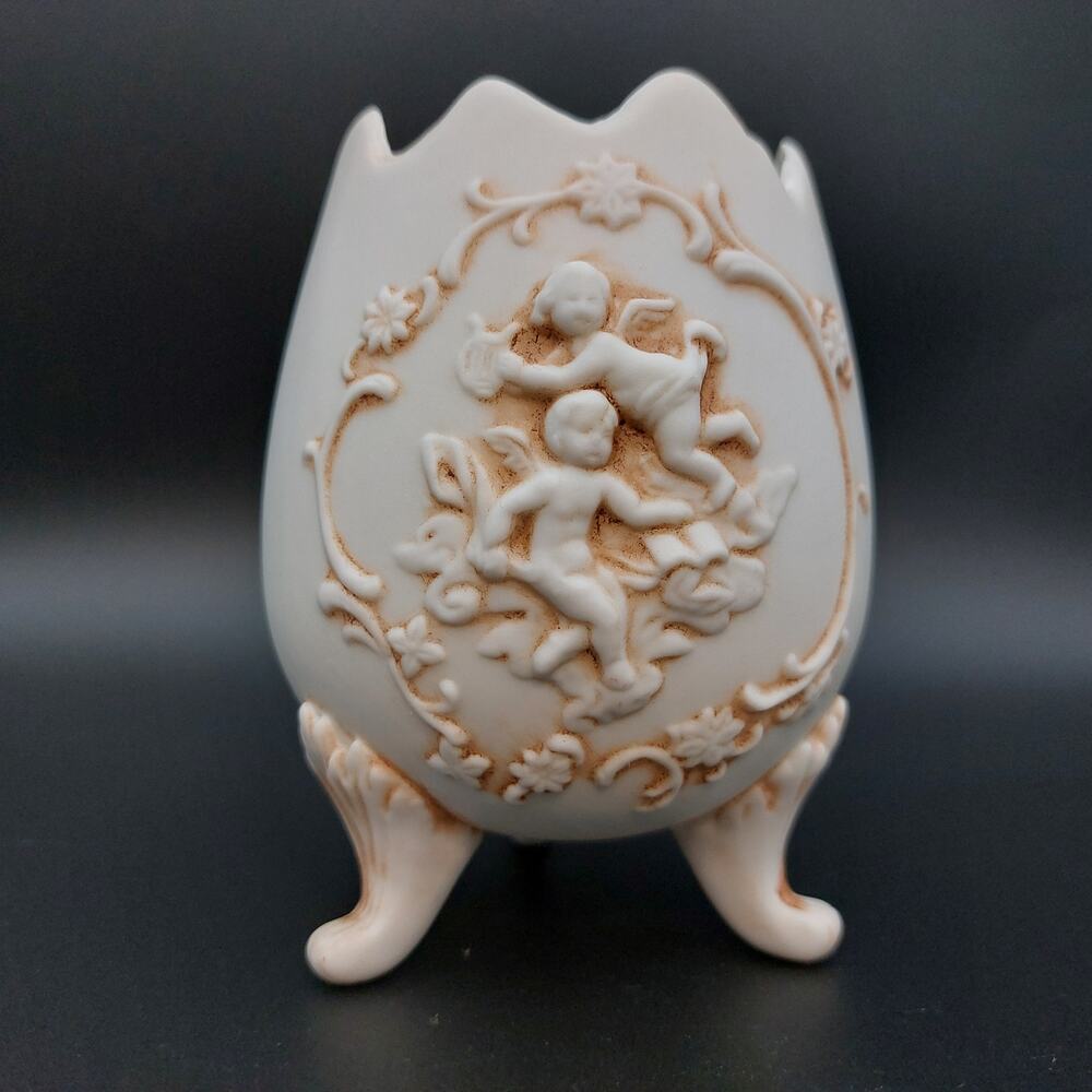 Vintage Lefton Cherub Egg Vase #723 Footed Bisque Porcelain Angel Planter 1950s